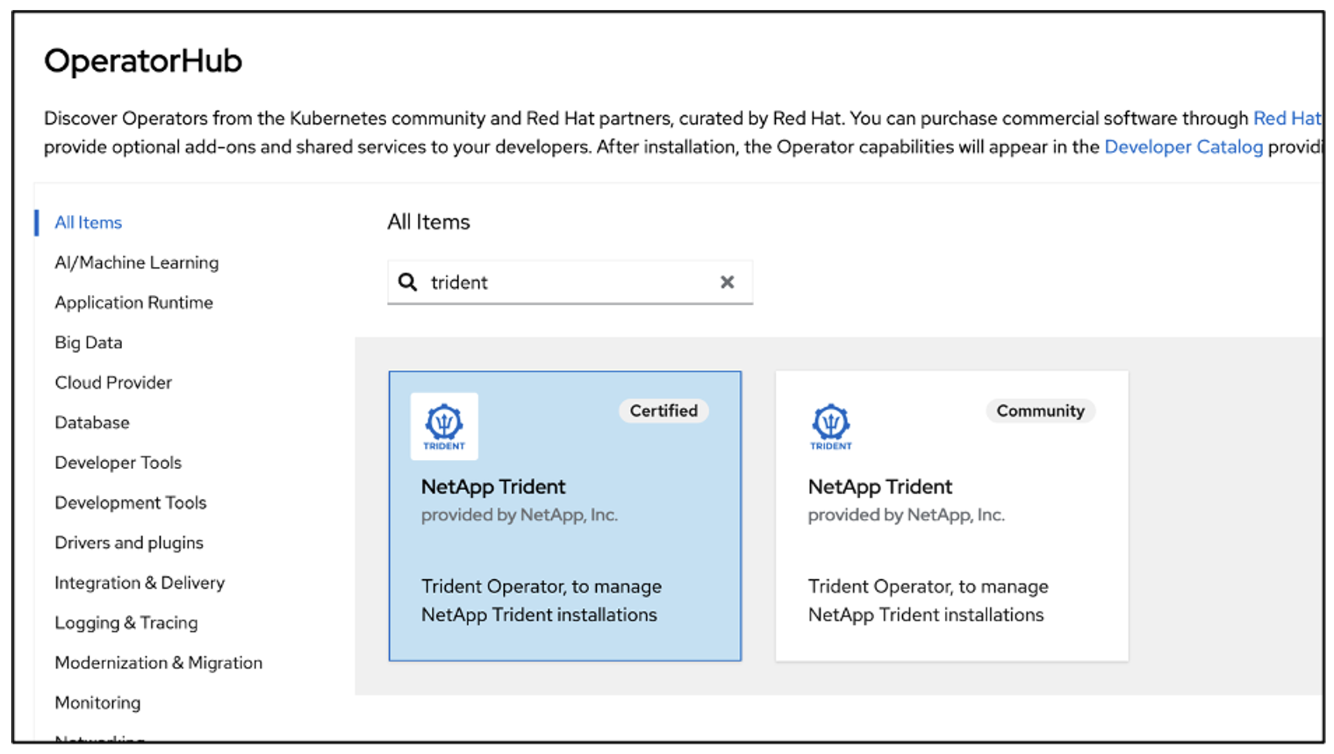 Install Trident operator from operator hub